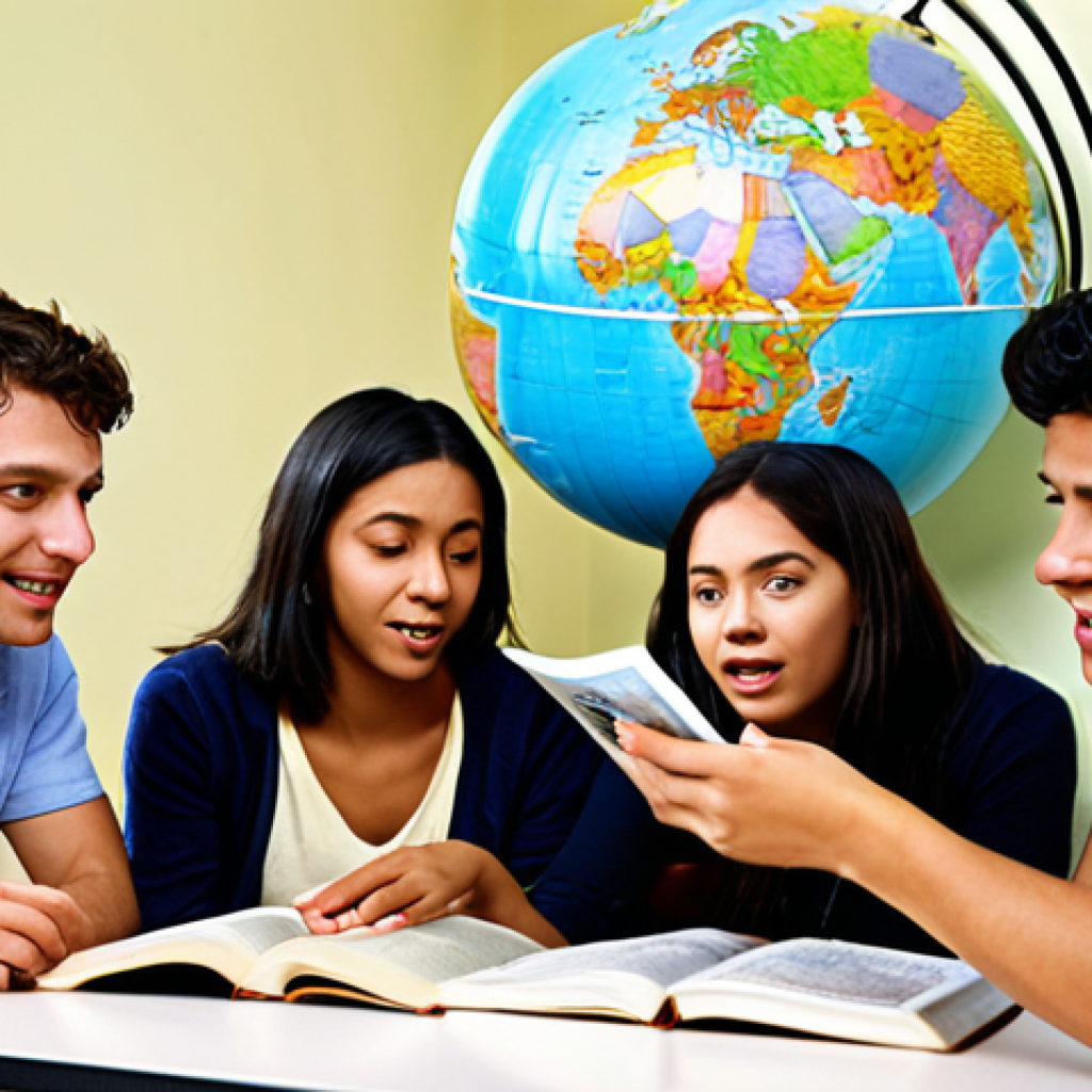**Image Prompt:** A diverse group of people immersed in English language learning activities: watching a film with subtitles, listening to music with lyrics, reading a book, and having a conversation, with a globe in the background symbolizing global communication. The image should convey the idea of cultural immersion and enjoyment.