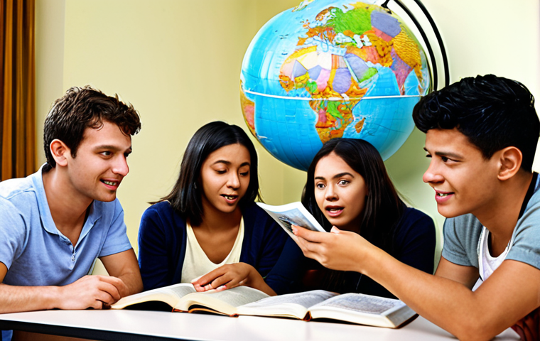 **Image Prompt:** A diverse group of people immersed in English language learning activities: watching a film with subtitles, listening to music with lyrics, reading a book, and having a conversation, with a globe in the background symbolizing global communication. The image should convey the idea of cultural immersion and enjoyment.