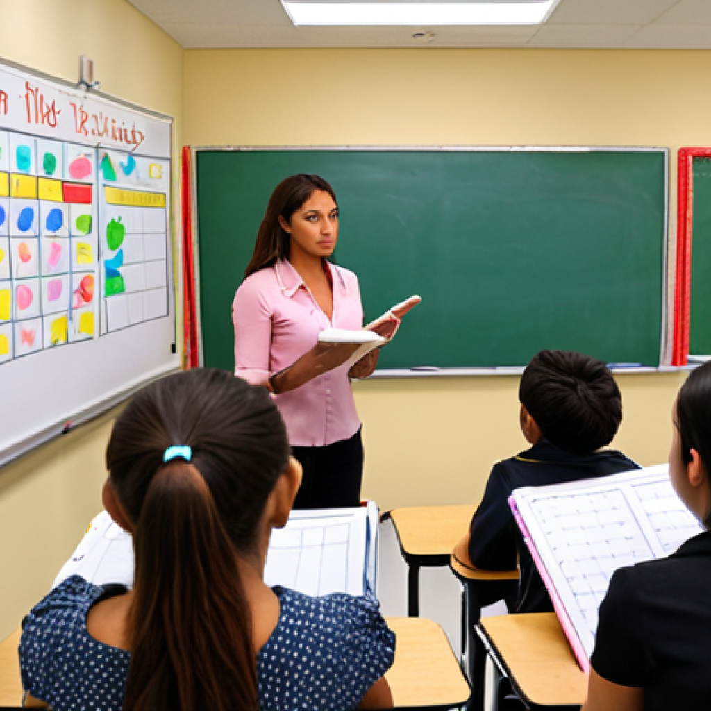 ** Classroom observation scene. A teacher is instructing. Observers are taking notes using a checklist. Include diverse students, reflecting a TESOL environment. Focus on clear evaluation criteria displayed on a whiteboard.

**