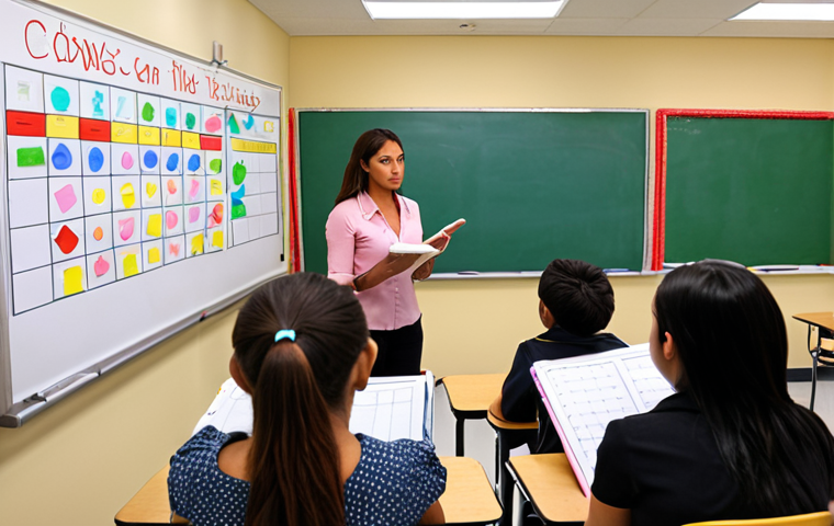 ** Classroom observation scene. A teacher is instructing. Observers are taking notes using a checklist. Include diverse students, reflecting a TESOL environment. Focus on clear evaluation criteria displayed on a whiteboard.

**