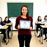 ** A woman joyfully holding a TESOL certificate, confidently standing in front of a classroom of diverse students, highlighting her professional growth and newfound teaching skills.

**