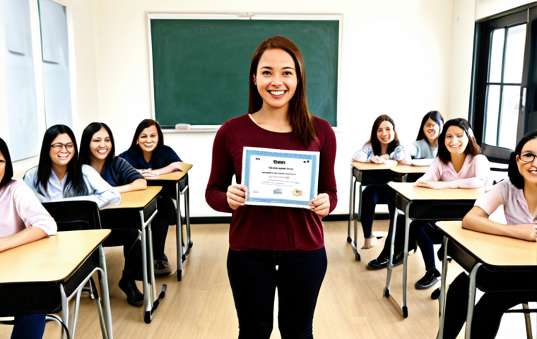 ** A woman joyfully holding a TESOL certificate, confidently standing in front of a classroom of diverse students, highlighting her professional growth and newfound teaching skills.

**