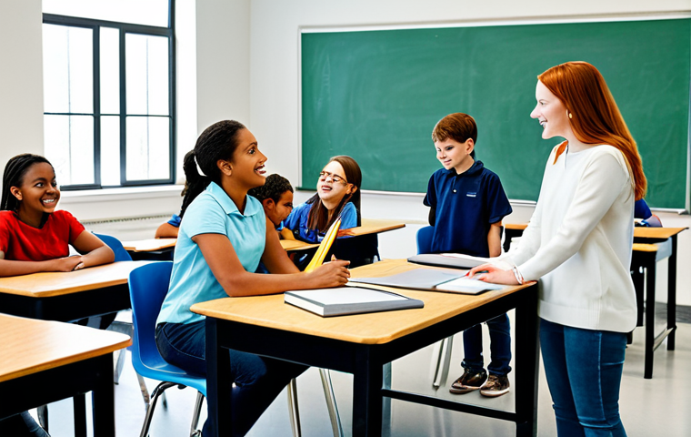 **

"A diverse group of fully clothed students engaged in a classroom activity. The teacher is interacting with them. The classroom is bright and inclusive, showcasing various learning styles. Safe for work, appropriate content, professional, family-friendly, perfect anatomy, natural proportions."

**