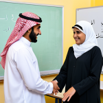 Diverse Learners**

A bright and welcoming classroom in a school in Riyadh, Saudi Arabia. Students of various ages and skill levels are engaged in a lively English lesson. The teacher, wearing a professional, modest outfit, is helping a student with pronunciation. The whiteboard displays Arabic script alongside English vocabulary. The atmosphere is positive and supportive. safe for work, appropriate content, fully clothed, professional. Perfect anatomy, correct proportions, natural pose, well-formed hands, proper finger count, natural body proportions.

**