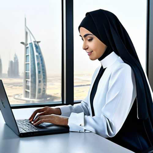 **

"A professional Arabic businesswoman in a modest, tailored abaya, working on a laptop in a modern office in Dubai, UAE. The office has large windows overlooking the city skyline. Fully clothed, appropriate attire, safe for work, perfect anatomy, natural proportions, professional photography, high quality."

**