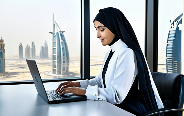 **

"A professional Arabic businesswoman in a modest, tailored abaya, working on a laptop in a modern office in Dubai, UAE. The office has large windows overlooking the city skyline. Fully clothed, appropriate attire, safe for work, perfect anatomy, natural proportions, professional photography, high quality."

**