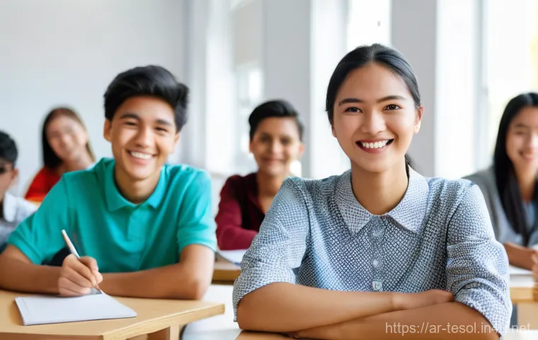 TESOL 강사로서의 언어적 기술 - **Prompt:** A diverse group of adult and young adult students (aged 16-30) from various cultural bac...