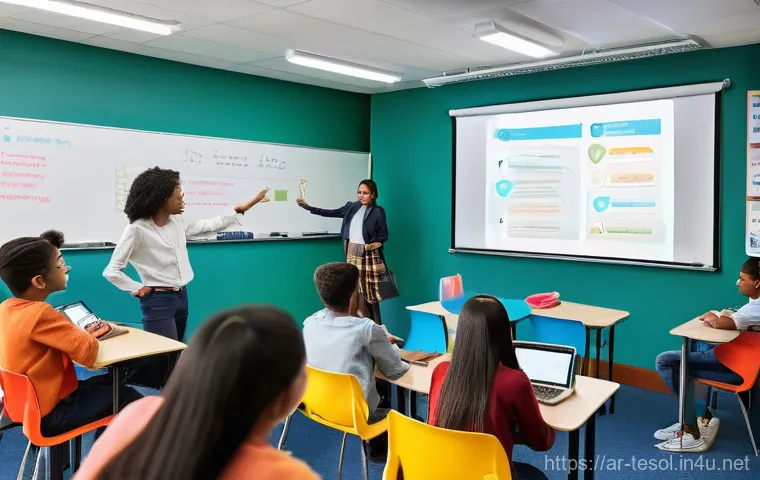 TESOL 자격증과 언어 교육의 미래 - **Prompt 1: Dynamic and Tech-Integrated Classroom** "A vibrant and modern classroom filled with ...