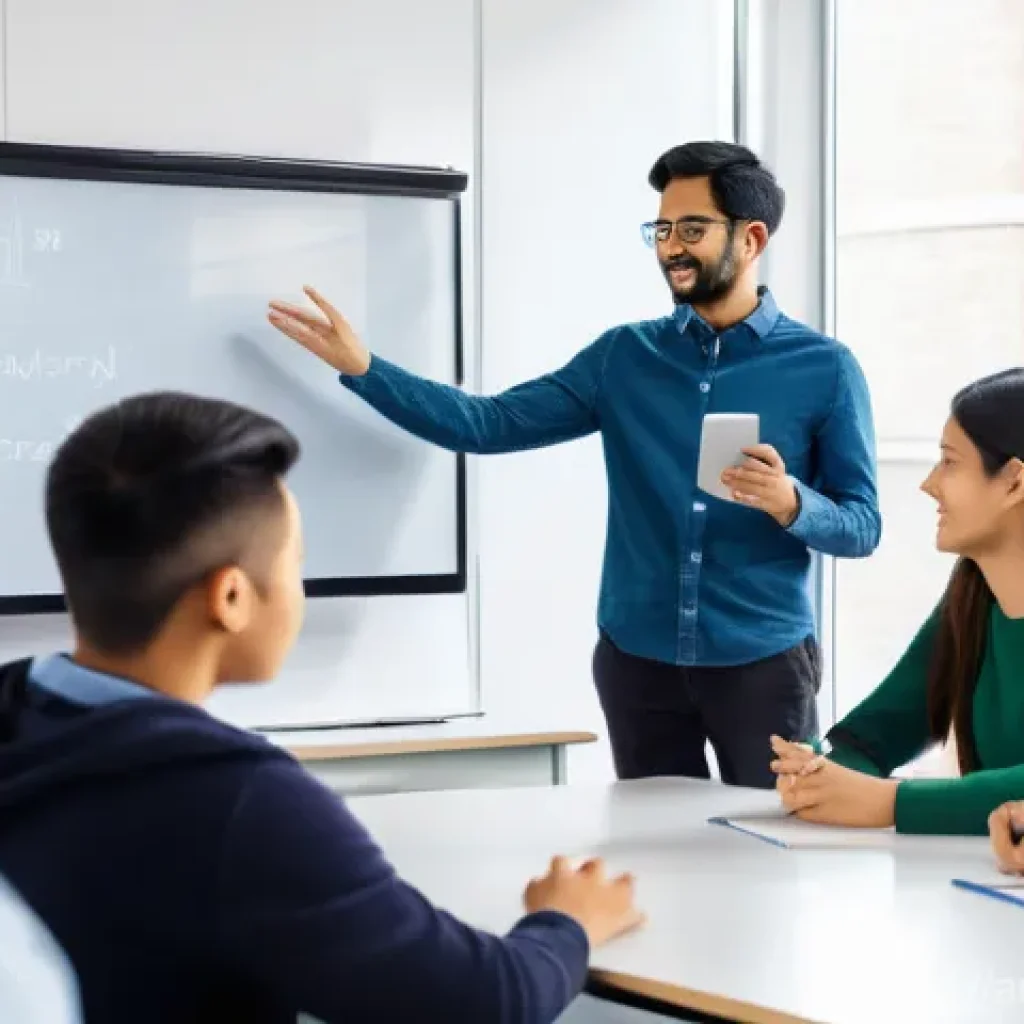 TESOL 강사로서의 성장 전략 - **Prompt:** A vibrant, sunlit, modern classroom bustling with diverse university-aged students and a...