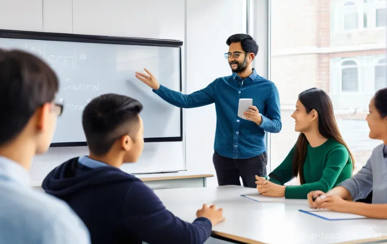 TESOL 강사로서의 성장 전략 - **Prompt:** A vibrant, sunlit, modern classroom bustling with diverse university-aged students and a...