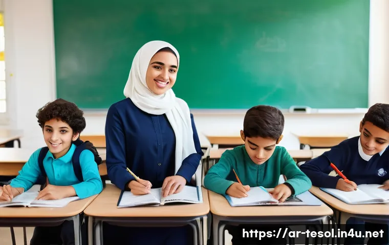TESOL 관련 국제 학회 - A vibrant multicultural classroom scene in a modern school in an Arabic-speaking country, featuring ...