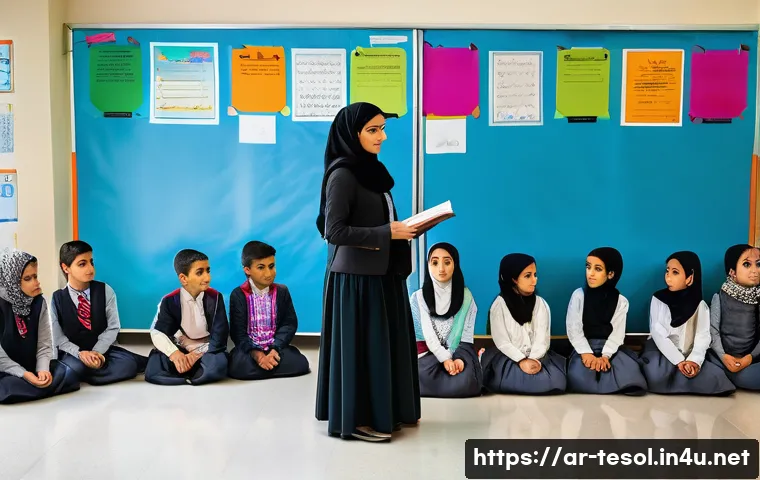 TESOL 강사로서 문화적 민감성 키우기 - A diverse classroom scene featuring Arab students of various ages attentively engaged in a cultural ...