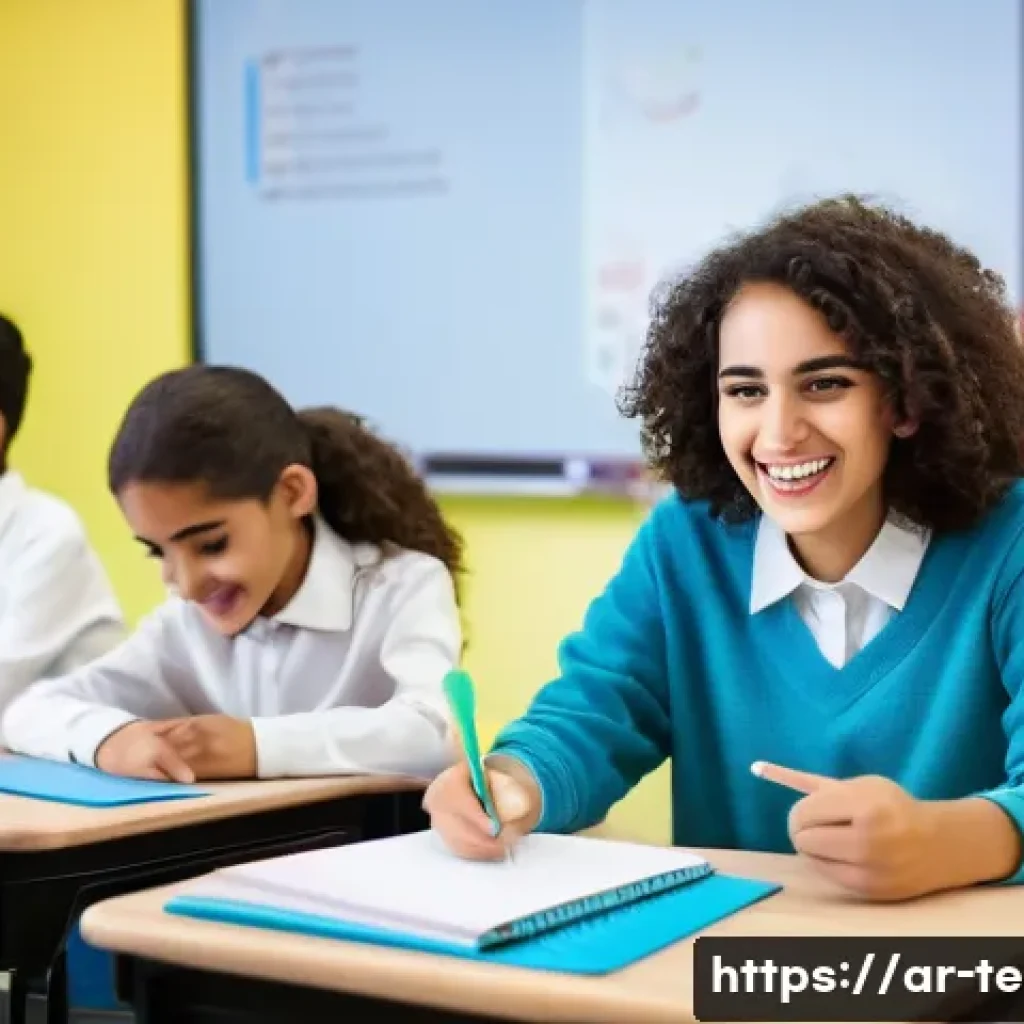 TESOL 강사가 자주 묻는 질문 - A diverse group of Arabic-speaking students in a modern classroom setting, engaged in a lively Engli...