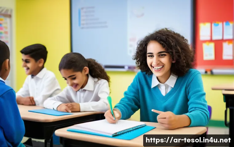 TESOL 강사가 자주 묻는 질문 - A diverse group of Arabic-speaking students in a modern classroom setting, engaged in a lively Engli...