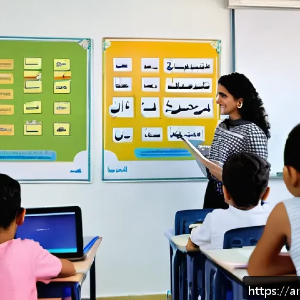 TESOL 강사의 일반적인 문제 해결 - A diverse TESOL classroom scene in a modern Middle Eastern school, featuring a female Arabic-speakin...