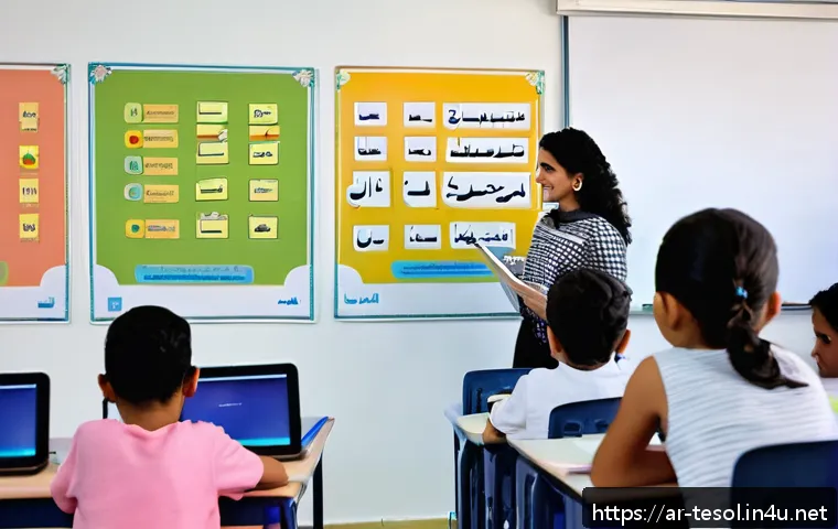 TESOL 강사의 일반적인 문제 해결 - A diverse TESOL classroom scene in a modern Middle Eastern school, featuring a female Arabic-speakin...