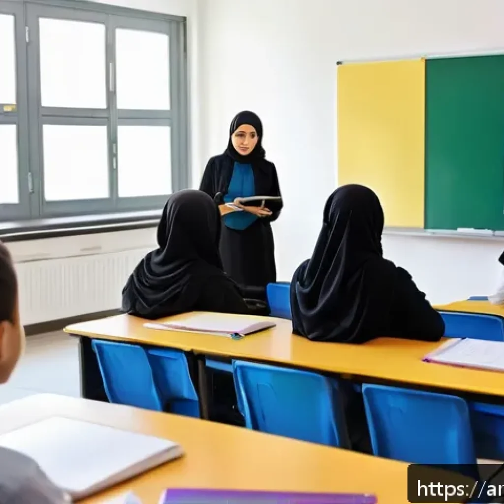 TESOL 시험에 대한 종합적인 팁 - A professional TESOL classroom scene in a modern Middle Eastern setting, featuring a diverse group o...