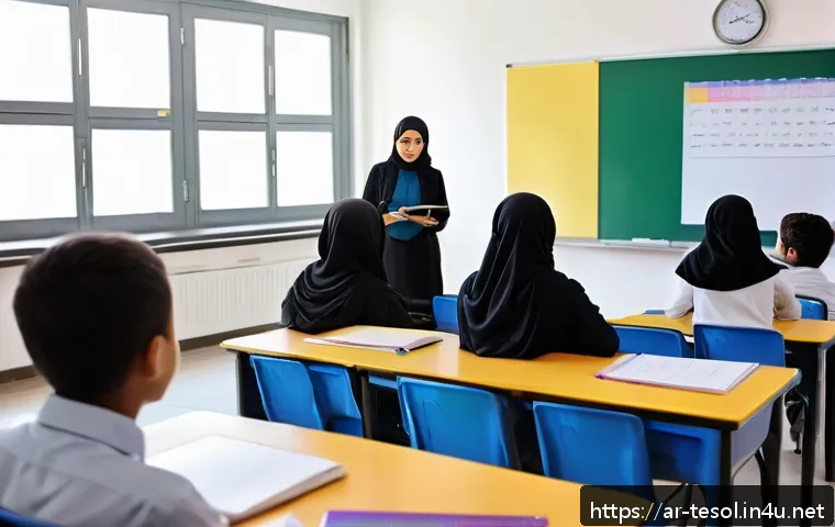 TESOL 시험에 대한 종합적인 팁 - A professional TESOL classroom scene in a modern Middle Eastern setting, featuring a diverse group o...