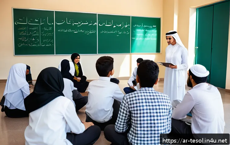 TESOL 강사로서의 윤리적 책임 - A diverse TESOL classroom scene in a modern Middle Eastern school setting, featuring students of var...