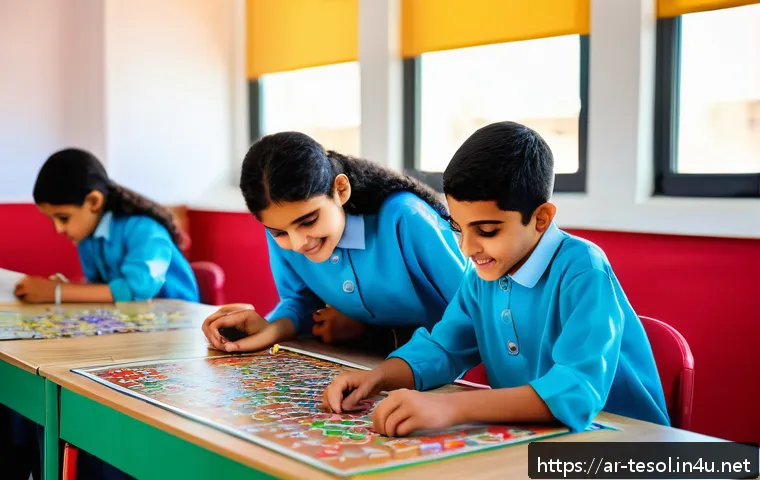 TESOL 수업에서 창의적 활동 사용하기 - A vibrant classroom scene set in a modern Arabic school, featuring diverse students aged around 12-1...