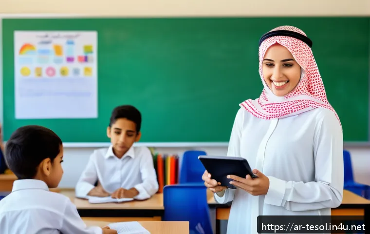 TESOL 강사 직업 만족도 - A modern classroom scene in Saudi Arabia with an Arab female TESOL teacher wearing modest profession...