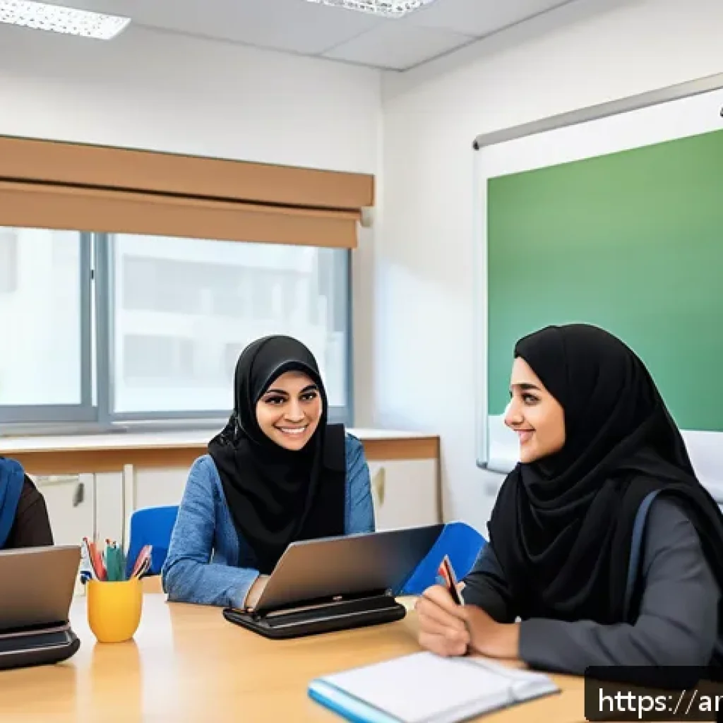 TESOL 강사가 자주 추천하는 교재 - A modern TESOL classroom in a Middle Eastern setting, featuring a diverse group of adult Arab studen...