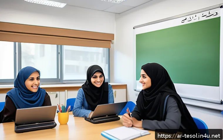TESOL 강사가 자주 추천하는 교재 - A modern TESOL classroom in a Middle Eastern setting, featuring a diverse group of adult Arab studen...