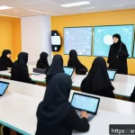 TESOL 교육의 최신 트렌드 - A vibrant classroom scene set in a modern virtual learning environment, featuring diverse Arab stude...