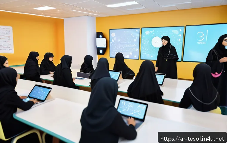 TESOL 교육의 최신 트렌드 - A vibrant classroom scene set in a modern virtual learning environment, featuring diverse Arab stude...