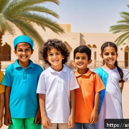 TESOL 자격증으로 영어 캠프 운영 - A vibrant outdoor educational camp scene set in Saudi Arabia, featuring a diverse group of Arab chil...
