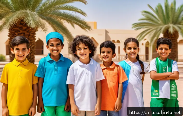 TESOL 자격증으로 영어 캠프 운영 - A vibrant outdoor educational camp scene set in Saudi Arabia, featuring a diverse group of Arab chil...