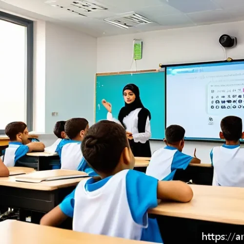 TESOL 강사가 사용하는 최신 자료 - A modern Arabic classroom scene featuring enthusiastic students of diverse backgrounds using interac...