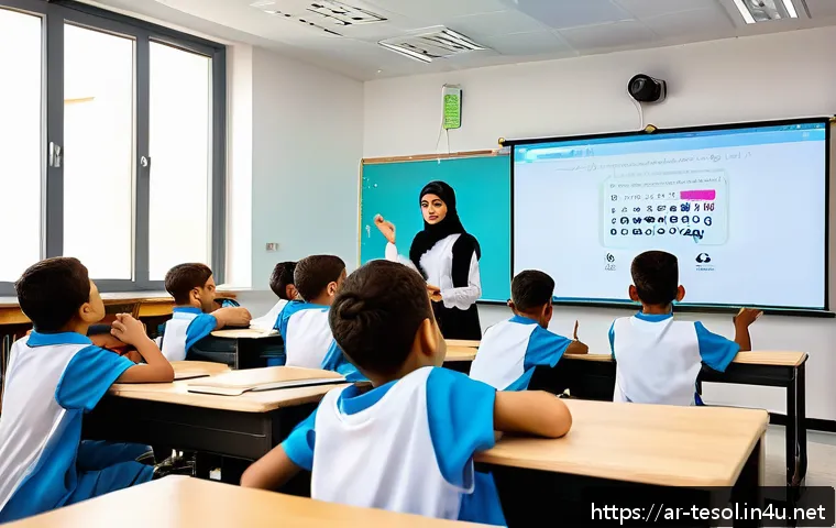 TESOL 강사가 사용하는 최신 자료 - A modern Arabic classroom scene featuring enthusiastic students of diverse backgrounds using interac...