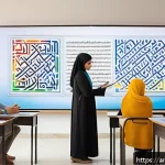 TESOL 강사 업무일지 - A modern TESOL classroom scene in a Middle Eastern setting, featuring a diverse group of students ac...
