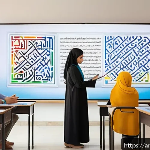 TESOL 강사 업무일지 - A modern TESOL classroom scene in a Middle Eastern setting, featuring a diverse group of students ac...