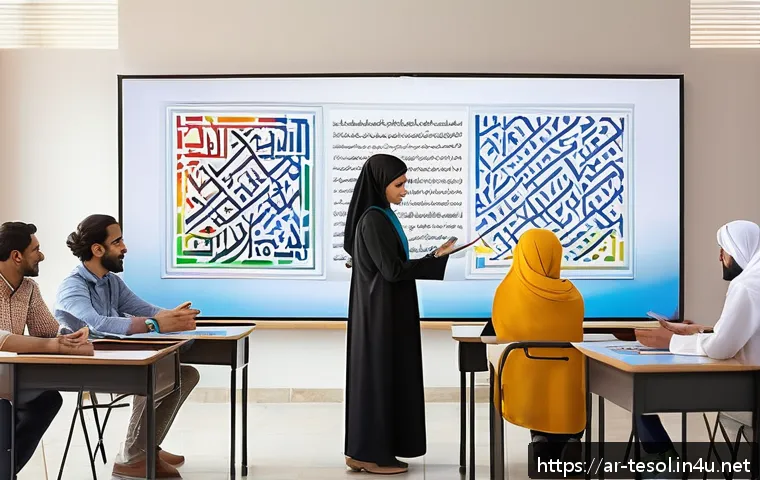 TESOL 강사 업무일지 - A modern TESOL classroom scene in a Middle Eastern setting, featuring a diverse group of students ac...