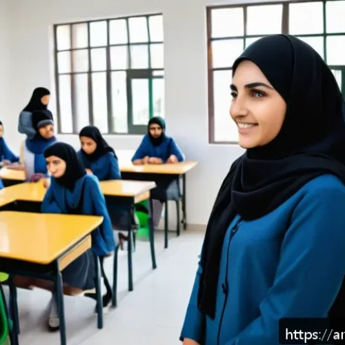 TESOL 강사가 사용하는 최신 기술 - A vibrant classroom scene set in a modern Middle Eastern school with Arabic architectural elements v...