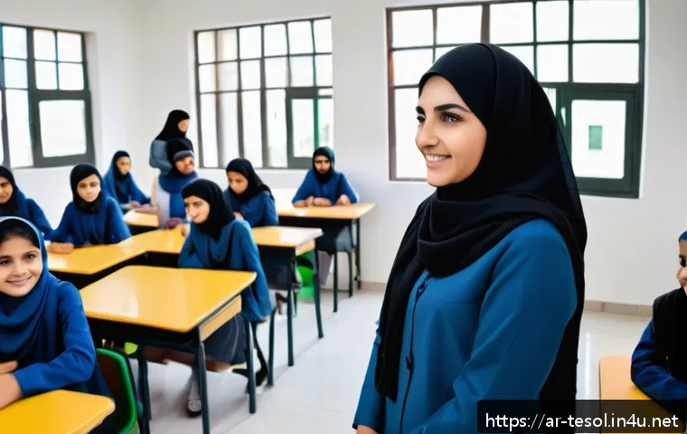 TESOL 강사가 사용하는 최신 기술 - A vibrant classroom scene set in a modern Middle Eastern school with Arabic architectural elements v...
