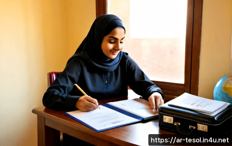 TESOL 자격증으로 해외봉사 가기 - Photorealistic scene of a modestly dressed Arab woman volunteer teacher preparing for an overseas En...