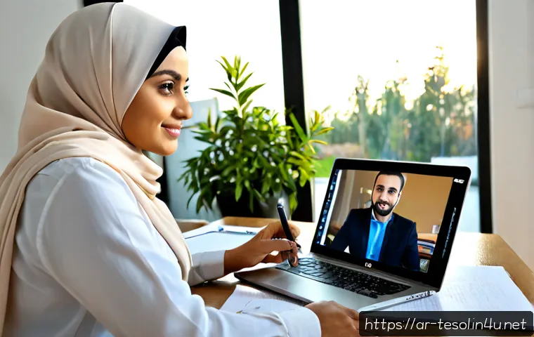TESOL 자격증의 장기적인 투자 가치 - Photorealistic career-growth scene, confident Arab woman wearing a modest neutral hijab and business...